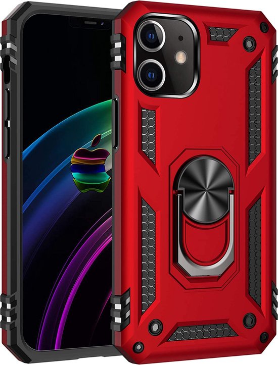 iPhone 12 Pro Max Hoesjes – Hybride Ring Armor Backcover – Schokbestendig – Anti-Shock – Rood-Ilumina Benelux