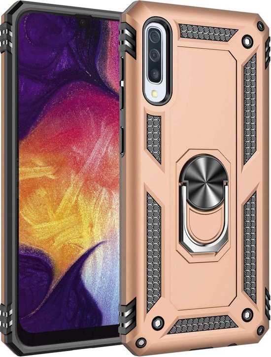 Samsung Galaxy A20E Hoesjes – Rugged Ring Armor Backcover – Schokbestendig – Goud-Ilumina Benelux