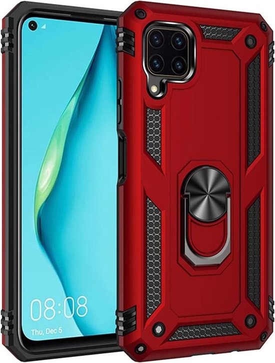 Huawei P40 Lite Hoesjes – Rugged Ring Armor Backcover – Schokbestendig – Rood-Ilumina Benelux