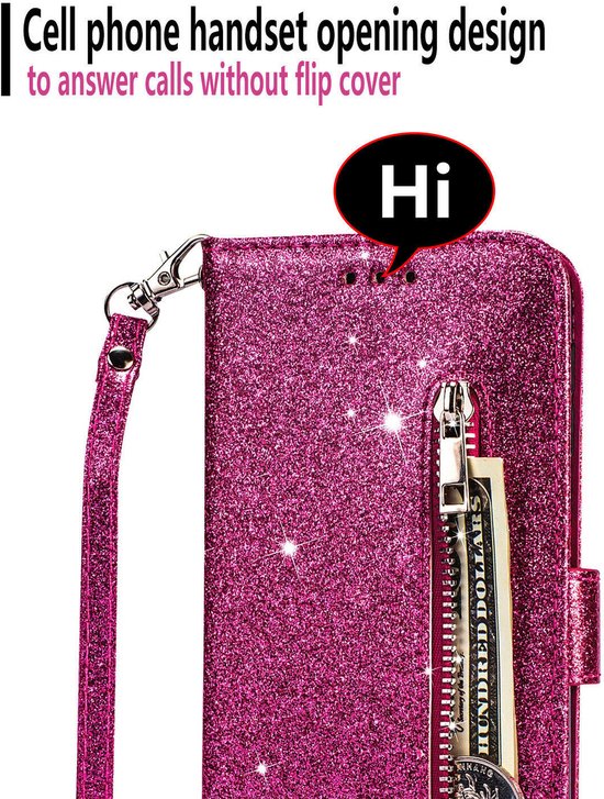 Samsung Galaxy A14 Hoesjes – Glitter Portemonneehoes – Rits & Koord – Pasjeshouder – Roze-Ilumina Benelux
