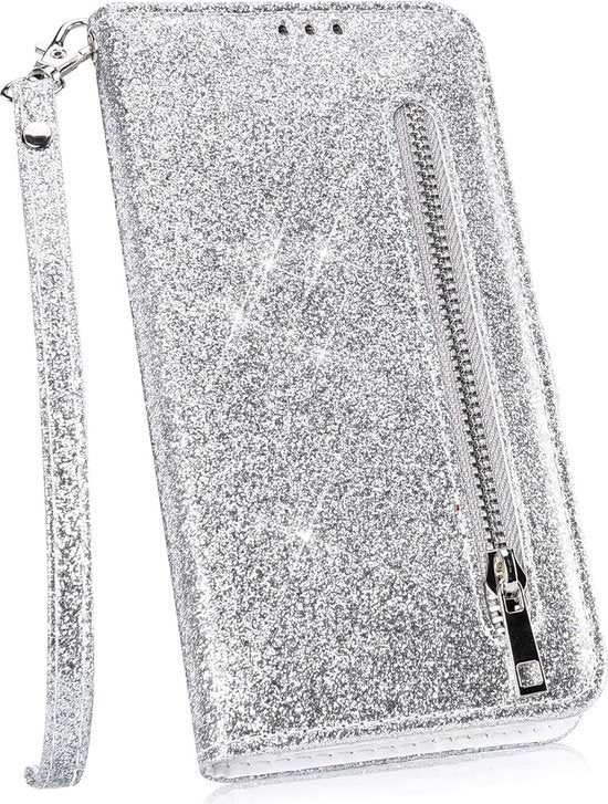 Samsung Galaxy S10 Hoesjes – Glitter Portemonnee Hoes – Rits & Koord – Zilver-Ilumina Benelux