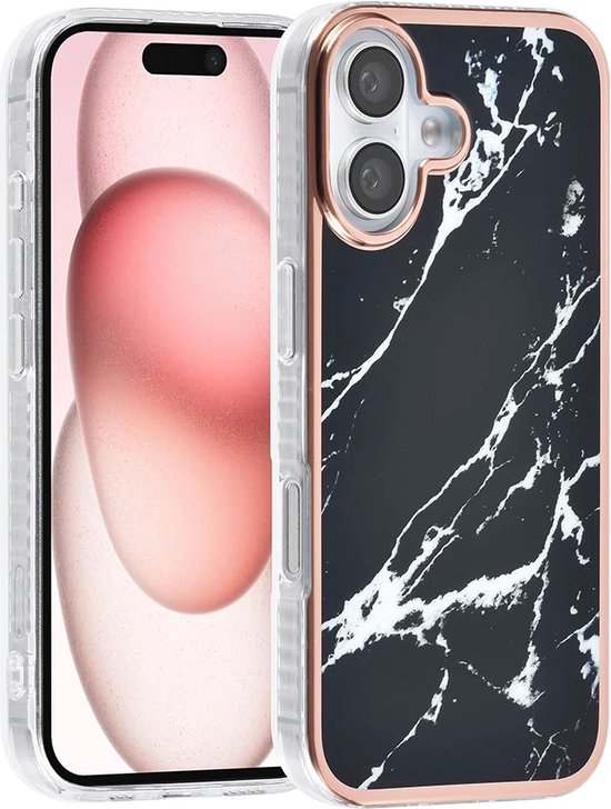 iPhone 16 Hoesjes – TPU Backcover – Marmer Design – Zwart Print – Soft Silicone-Ilumina Benelux