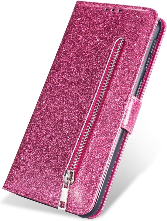 Sparkly Glitter Wallet Hoesje met Rits & Koord Geschikt voor: Samsung Galaxy A01 - Roze