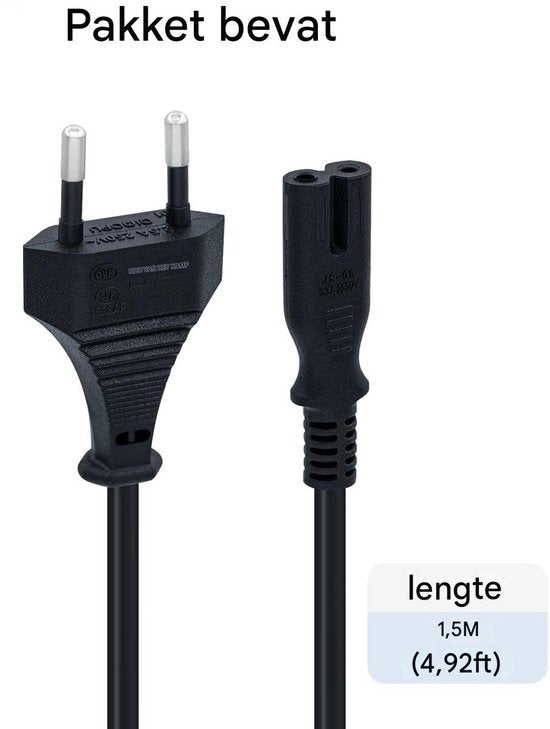 c7 kabel - 1,5 m zwarte stroomkabel - C7-draad Euro-stekker - C7 2-pins stroomkabel - stroomkabel 2 aderig - geschikt voor PS5 / PS4 / PS3 / Xbox Series X/S - zwart