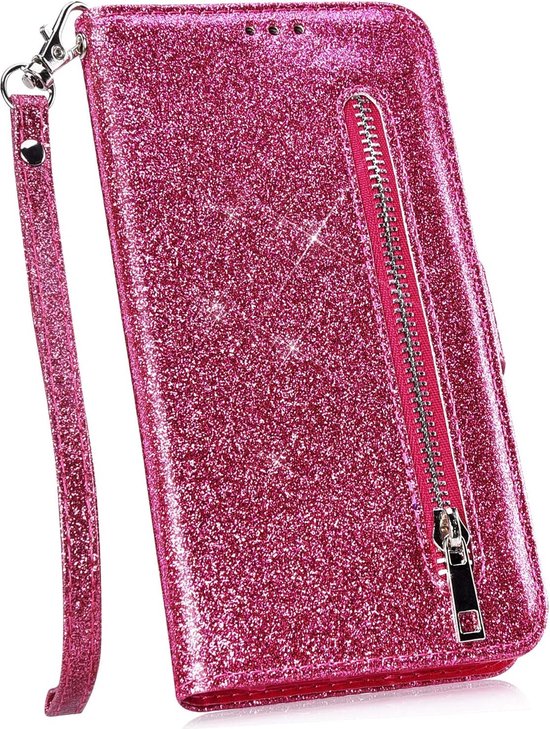 Samsung Galaxy S10e Hoesjes – Glitter Portemonnee Hoes – Rits & Koord – Pasjeshouder – Roze-Ilumina Benelux