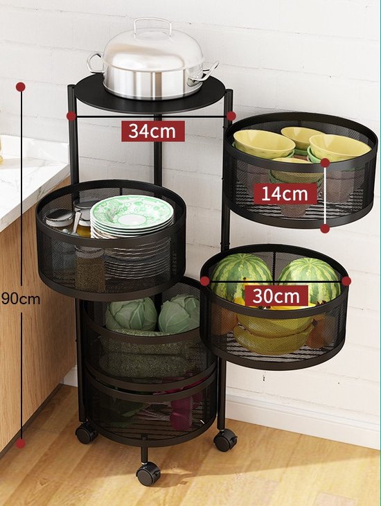 Keuken opbergrek – 5-laags draaibare fruit- en groentemand – Met wielen – Metalen opslagmand 180° – Zwart-Kast-Ilumina Benelux
