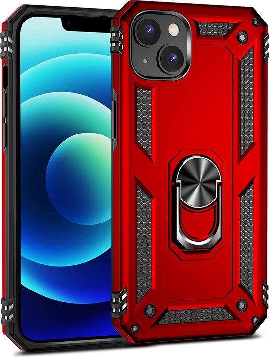 iPhone 14 Hoesjes – Anti-Shock Hybride Backcover – Ringhouder – Armor Bescherming – Rood-Ilumina Benelux