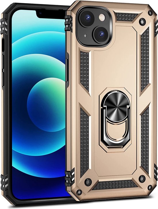 iPhone 14 Plus Hoesjes – Anti-Shock Hybrid Ring Armor Backcover – Schokbestendig – Goud-Ilumina Benelux