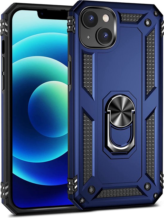 iPhone 14 Plus Hoesjes – Anti-Shock Hybride Backcover – Ringhouder – Armor Design – Blauw-Ilumina Benelux