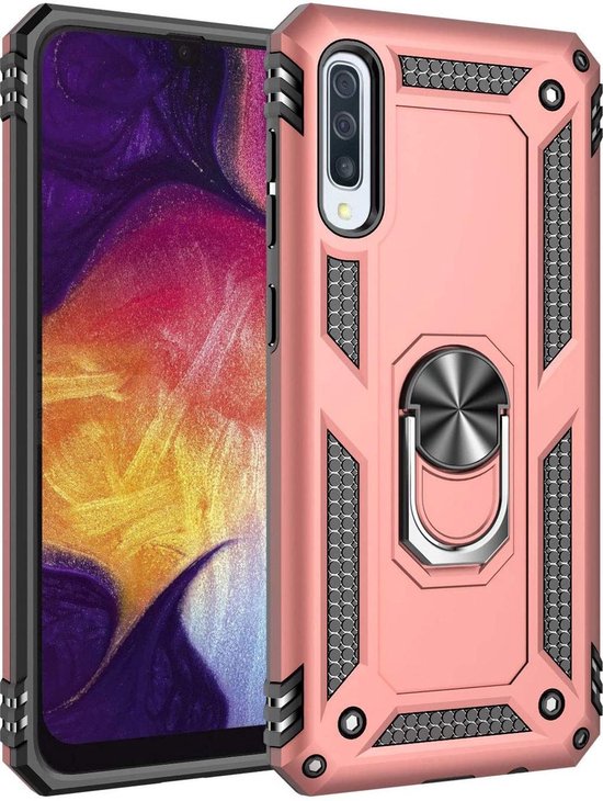Samsung Galaxy A20e Hoesjes – Rugged Ring Armor Backcover – Schokbestendig – Roségoud-Ilumina Benelux