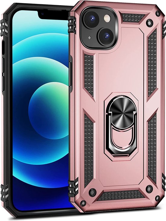 iPhone 13 Hoesjes – Ring Armor Backcover – 360° Draaibare Kickstand Ring – Magneet – Roségoud-Ilumina Benelux