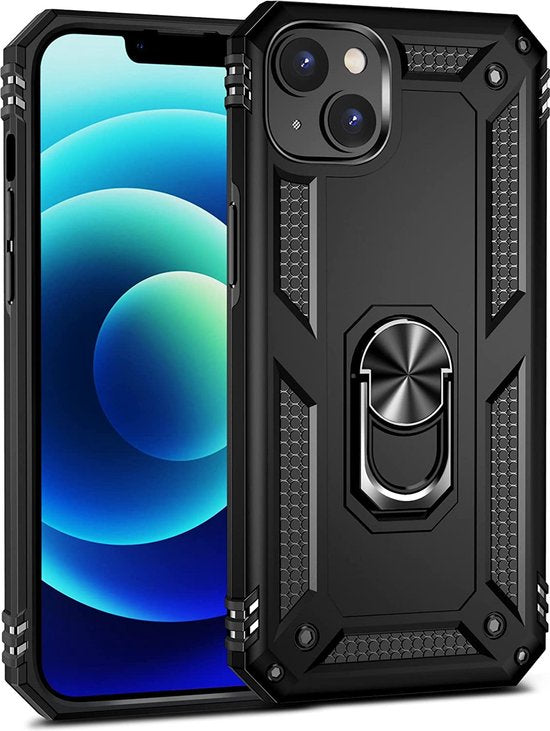 iPhone 14 Hoesjes – Anti-Shock Hybride Ring Armor Backcover – Schokbestendig – Zwart-Ilumina Benelux