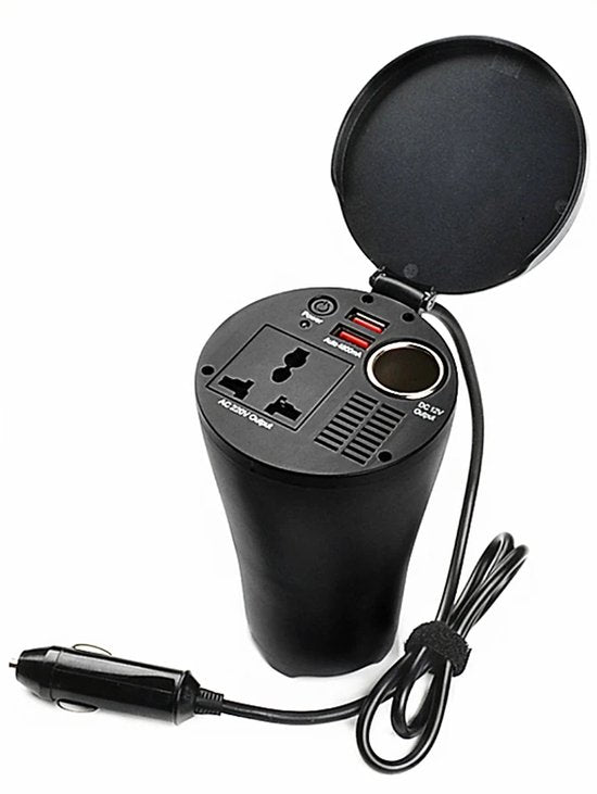 Auto omvormer – Bekerhouder 150W 12V naar 220V – Stopcontact – 2x USB 4.8A – Sigarettenaansteker – Zwart