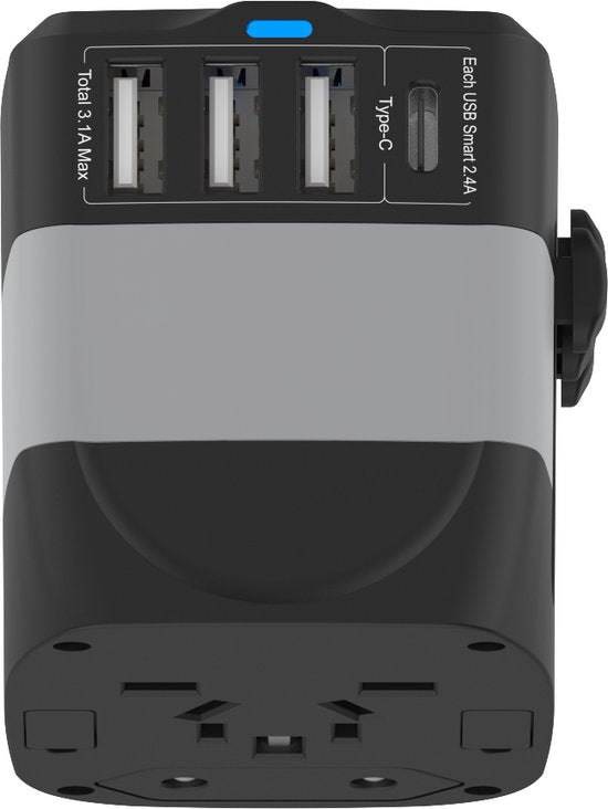 Universele Wereldstekker met 4 USB-C en USB Poorten - Internationale Reisstekker voor 150+ landen - EU - Engeland (UK) - Amerika (USA) - Australië - Azië - Zuid Amerika - Reis Adapter - Wereld Stekker - Oplader – Zwart