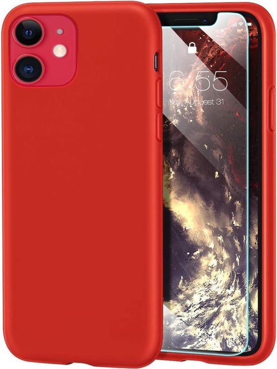 iPhone 11 Hoesjes – Siliconen Backcover – Inclusief Screenprotector Gehard Glas – Rood-Ilumina Benelux