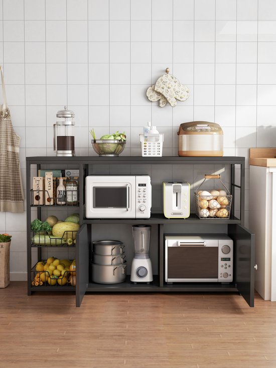 Keukeneiland – Staand keukenrek 3 planken & werkblad – Magnetronkast – Organizer voor groente, fruit & apparaten – Zwart-Keukenmeubelset-Ilumina Benelux