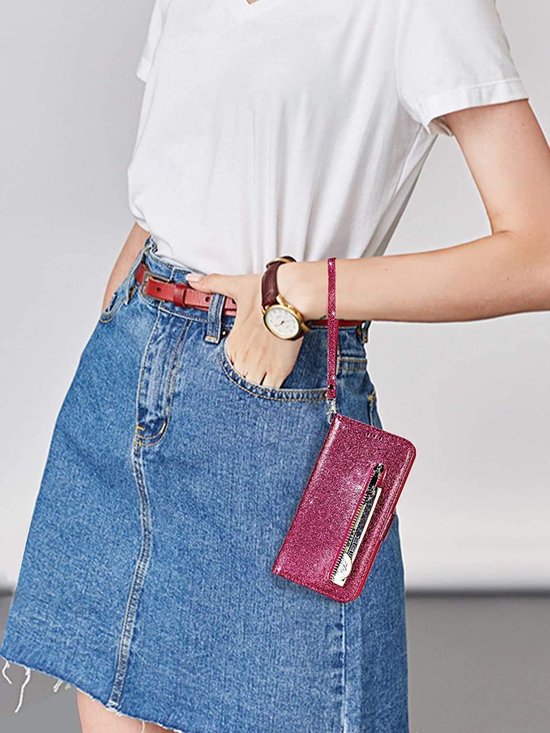 Sparkly Glitter Wallet Hoesje met Rits & Koord Geschikt voor: Samsung Galaxy A41 - Roze