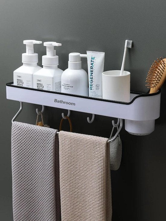 Badkamer plank wandmontage – Zelfklevend opbergrek – Shampoo houder & kruidenrek – Geen boren – 35x23,5 cm – Wit-Ilumina Benelux