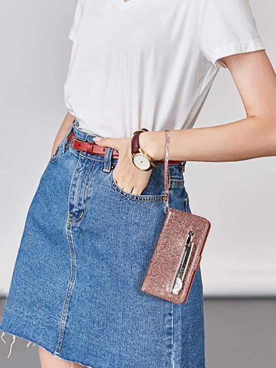 Samsung Galaxy A22 4G Hoesjes – Glitter Portemonneehoes – Rits & Koord – Pasjeshouder – Roségoud-Ilumina Benelux
