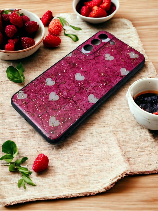 Samsung Galaxy S22 Plus Hoesjes – Siliconen Backcover – Print Roze Hartjes – Softcase – Roze-Ilumina Benelux