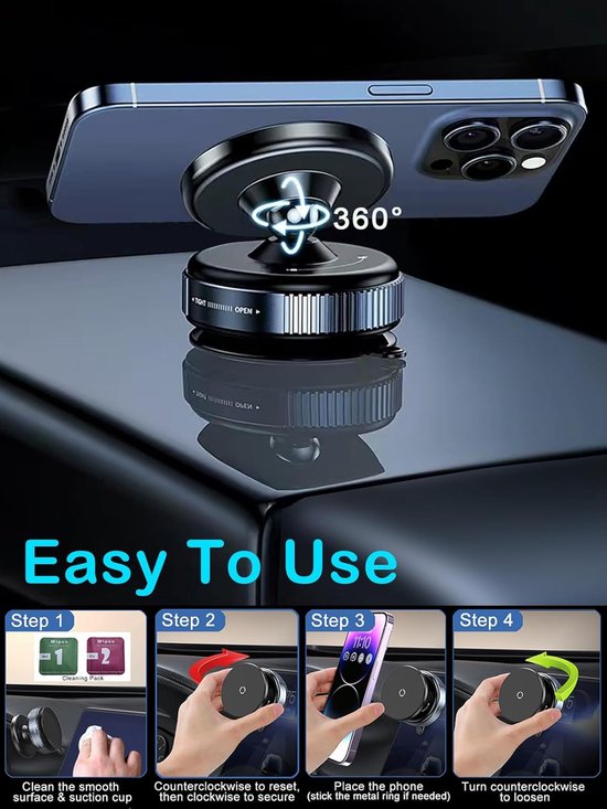 Telefoonhouder auto – Magnetisch met zuignap – Ultra sterke magneet – 360° draaibaar – Zwart-Ilumina Benelux
