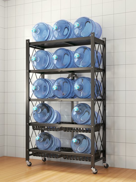 Opbergrek 4-laags – Inklapbare planken – Met wielen – Stevig staand rek voor keuken/badkamer/woonkamer – Zwart-Opbergrek-Ilumina Benelux