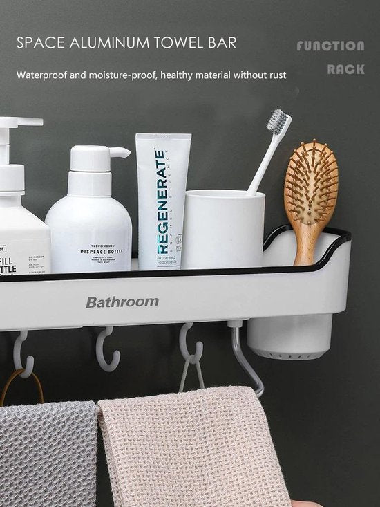 Badkamer plank wandmontage – Zelfklevend opbergrek – Shampoo houder & kruidenrek – Geen boren – 35x23,5 cm – Wit-Ilumina Benelux