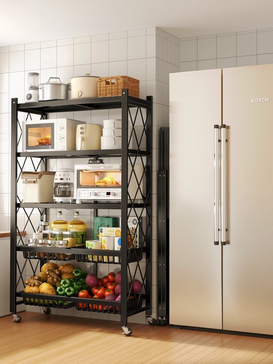 Opbergrek 4-laags – Inklapbare planken – Met wielen – Stevig staand rek voor keuken/badkamer/woonkamer – Zwart-Opbergrek-Ilumina Benelux