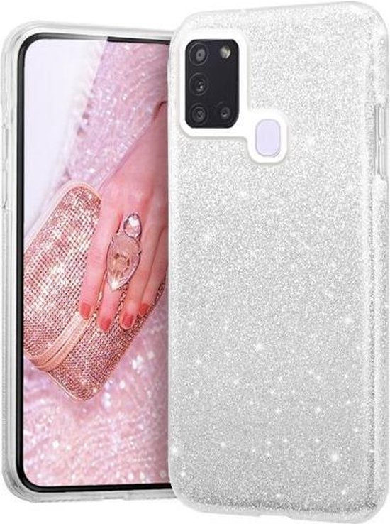 Samsung Galaxy M21 Hoesjes – Siliconen TPU Backcover – Glitter BlingBling Cover – Zilver-Ilumina Benelux