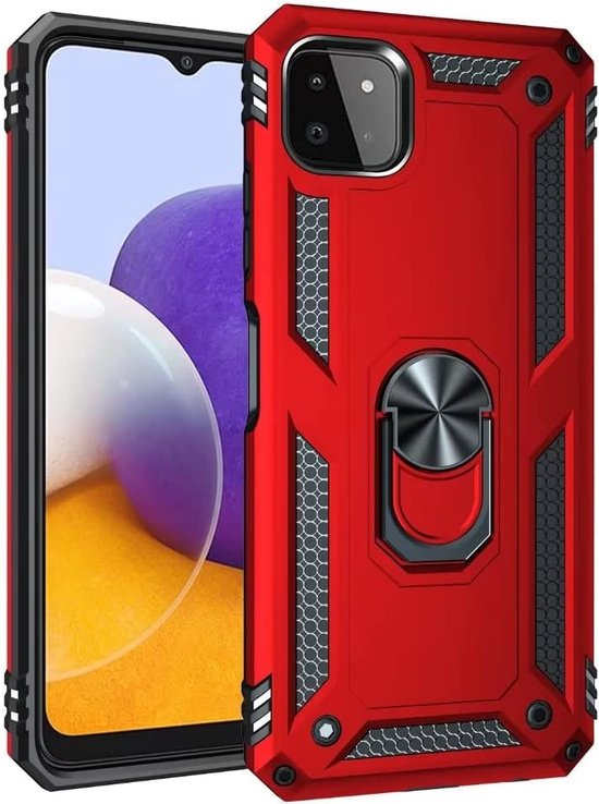 Samsung Galaxy A22 5G Hoesjes – Ring Armor Backcover – 360° Draaibare Standaard – Magneet – Rood-Ilumina Benelux