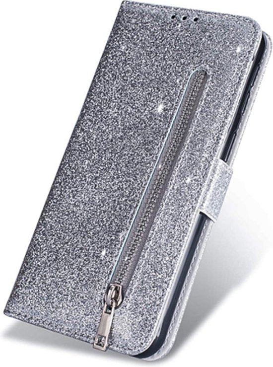 Samsung Galaxy A20s Hoesjes – Glitter Portemonneehoes – Rits & Koord – Zilver-Ilumina Benelux