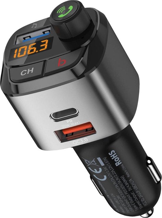 FM Transmitter auto – Bluetooth 5.0 – USB-C Snellader PD3.0 & QC3.0 – Handsfree bellen – Bass Boost – Spraakbediening – Zwart-Ilumina Benelux