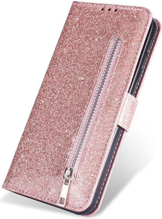 Samsung Galaxy A10s Hoesjes – Glitter Portemonnee Case – Rits & Koord – Pasjeshouder – Roségoud-Ilumina Benelux