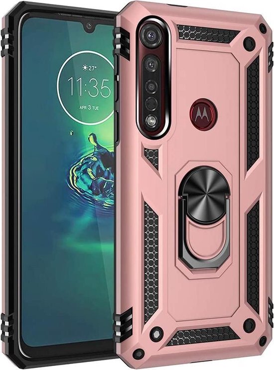 Motorola Moto G8 Plus Hoesjes – Rugged Ring Armor Backcover – Schokbestendig – Roségoud-Ilumina Benelux
