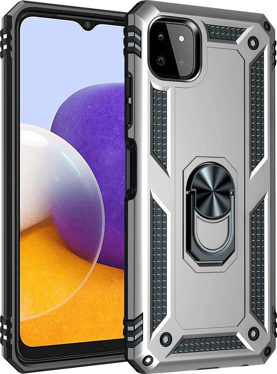 Samsung Galaxy A22 5G Hoesjes – Anti-Shock Hybride Backcover – Ringhouder – Armor Bescherming – Zilver-Ilumina Benelux