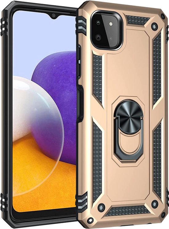 Samsung Galaxy A22 5G Hoesjes – Anti-Shock Hybride Backcover – Ringhouder – Armor Bescherming – Goud-Ilumina Benelux