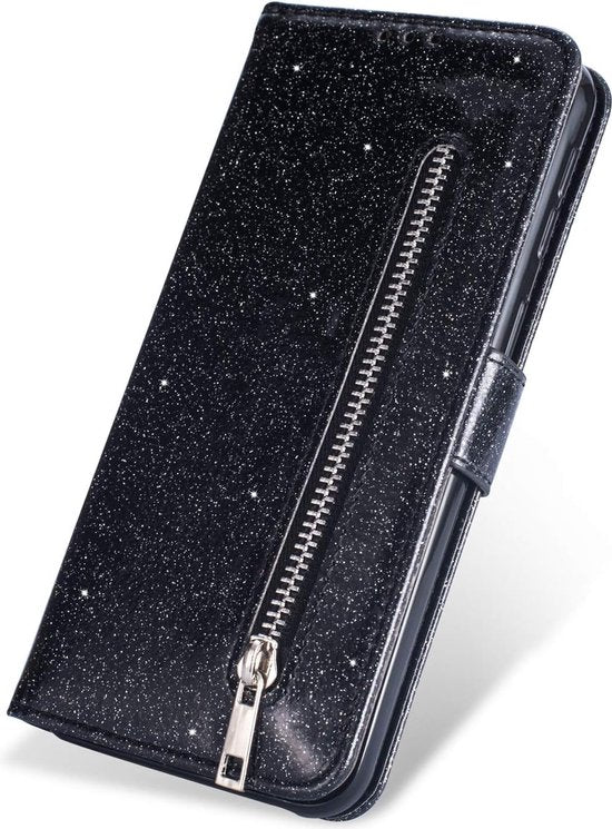 Samsung Galaxy A20s Hoesjes – Glitter Portemonnee Hoes – Rits & Koord – Pasjeshouder – Zwart