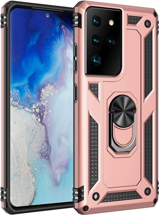 Samsung Galaxy S21 Ultra Hoesjes – Ring Armor Backcover – 360° Draaibare Standaard – Magneet – Roségoud-Ilumina Benelux