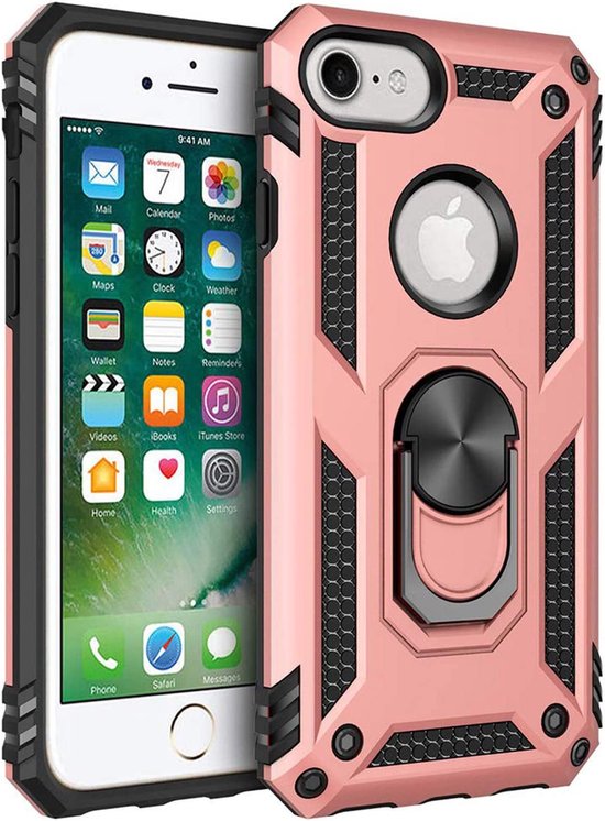 iPhone SE 2020/7/8 Hoesjes – Ring Armor Backcover – 360° Draaibare Kickstand Ring – Magneet – Roségoud-Ilumina Benelux