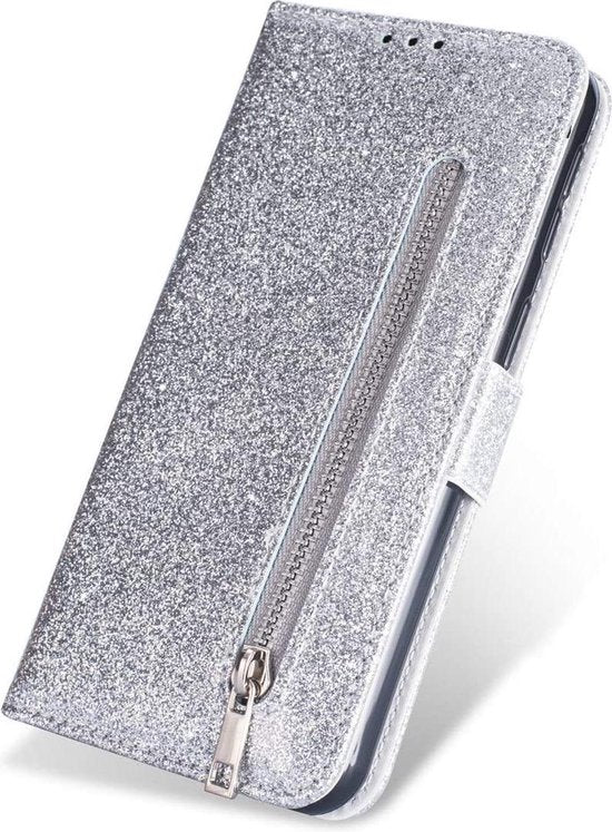 Samsung Galaxy M11 Hoesjes – Glitter Portemonnee Case – Rits & Koord – Pasjeshouder – Zilver-Ilumina Benelux