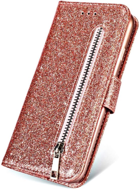Glitter Wallet Case Geschikt voor: Samsung Galaxy A10s Hoesje met Rits, Koord en Pasjeshouder - Roségoud