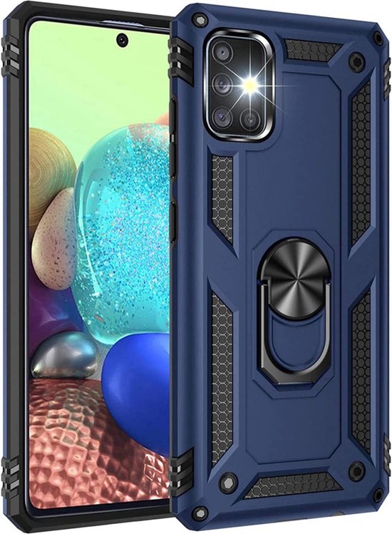 Samsung Galaxy A51 Hoesjes – Ring Armor Backcover – 360° Draaibare Standaard – Magneet – Blauw-Ilumina Benelux
