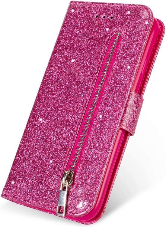 Sparkly Glitter Wallet Hoesje met Rits & Koord Geschikt voor: Samsung Galaxy M31S - Roze