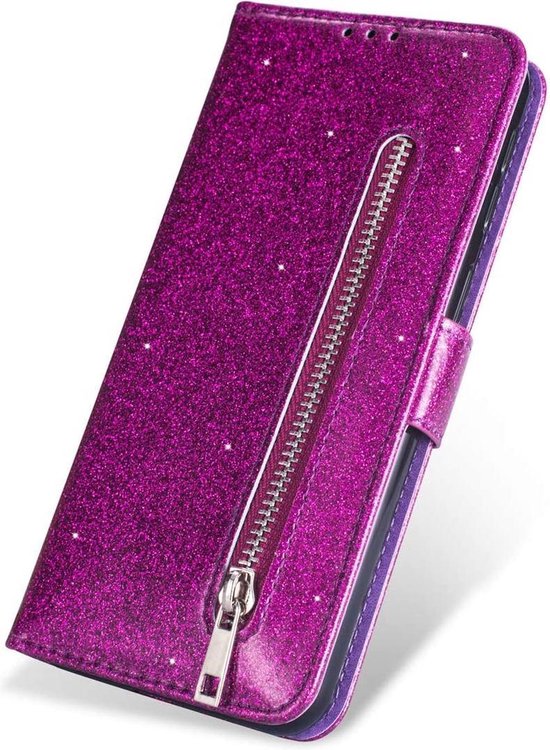 Glitter Wallet Case Geschikt voor: Samsung Galaxy A10s Hoesje met Rits, Koord en Pasjeshouder - Paars