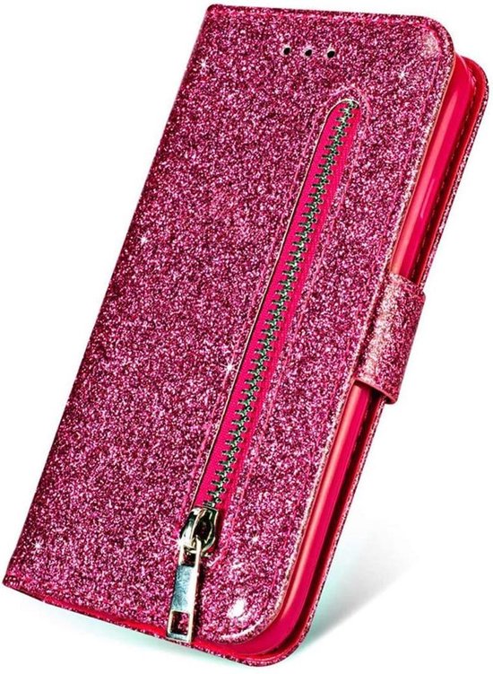 Samsung Galaxy A12 Hoesjes – Glitter Portemonnee Case – Rits & Koord – Pasjeshouder – Roze-Ilumina Benelux