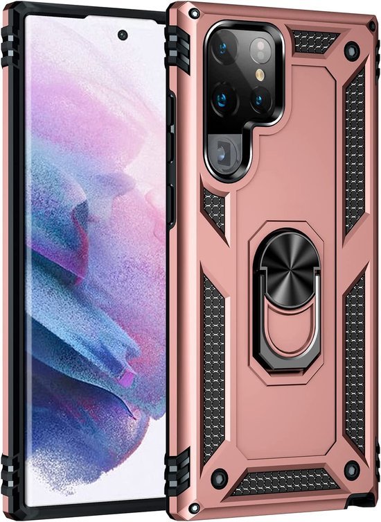 Samsung Galaxy S22 Ultra Hoesjes – Anti-Shock Hybride Ring Armor Backcover – Schokbestendig – Roségoud-Ilumina Benelux