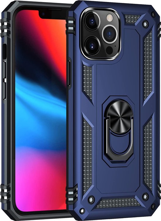iPhone 13 Pro Max Hoesjes – Ring Armor Backcover – 360° Draaibare Kickstand Ring – Magneet – Blauw-Ilumina Benelux