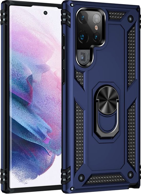 Samsung Galaxy S22 Ultra Hoesjes – Anti-Shock Hybride Ring Armor Backcover – Schokbestendig – Blauw-Ilumina Benelux