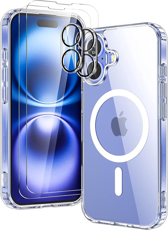 iPhone 16 Hoesjes – Magnetische Transparante Backcover – MagSafe Compatibel – 2x Screenprotector + Camera Lens Protector – Doorzichtig-Ilumina Benelux
