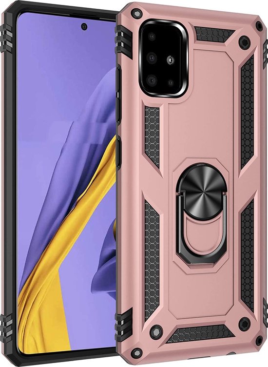 Samsung Galaxy A51 Hoesjes – Ring Armor Backcover – 360° Draaibare Standaard – Magneet – Roségoud-Ilumina Benelux